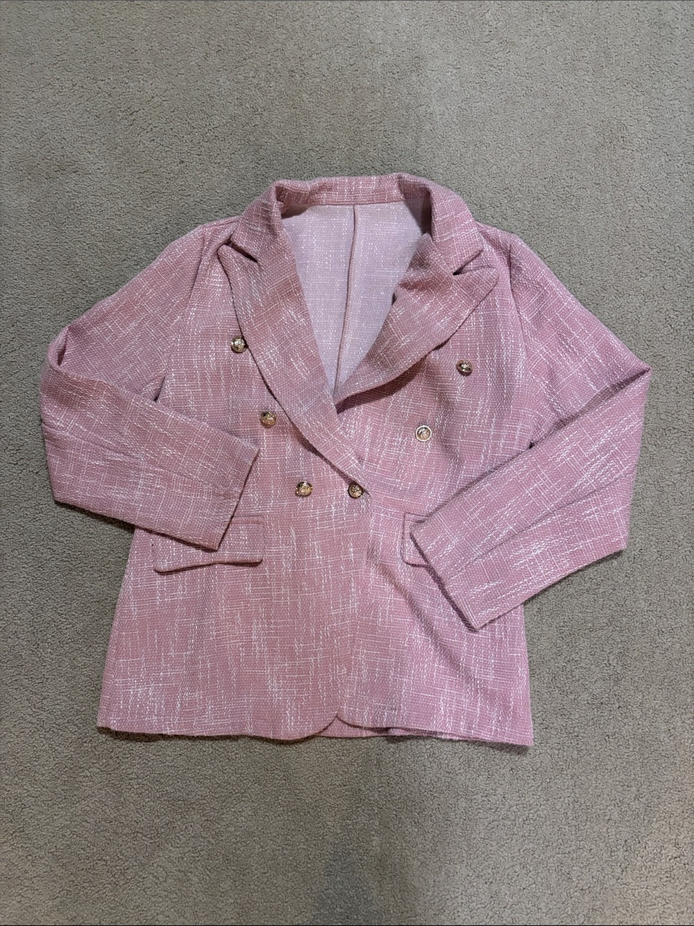 SHEIN Pink Tweed Double-Breasted Blazer with Gold Buttons
